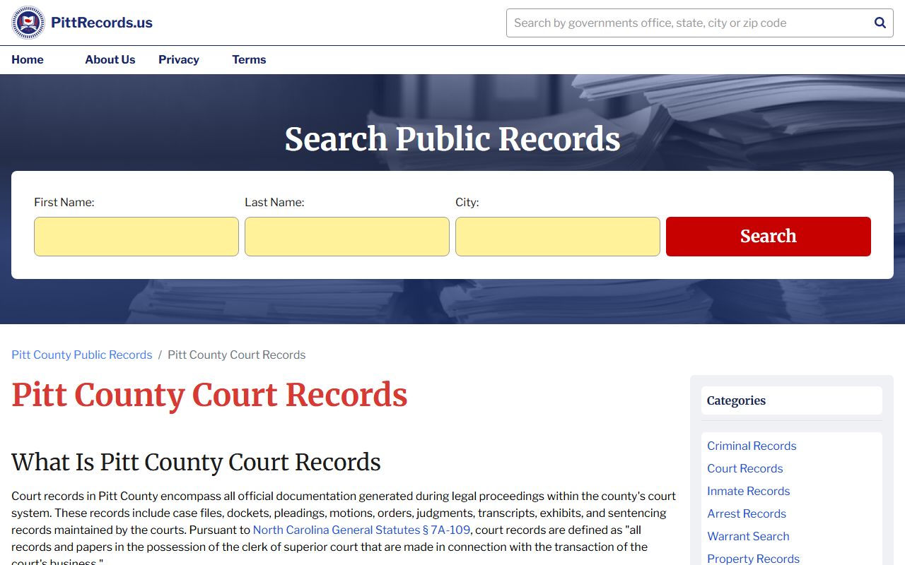 Pitt County Court System information page for Greenville civil court records