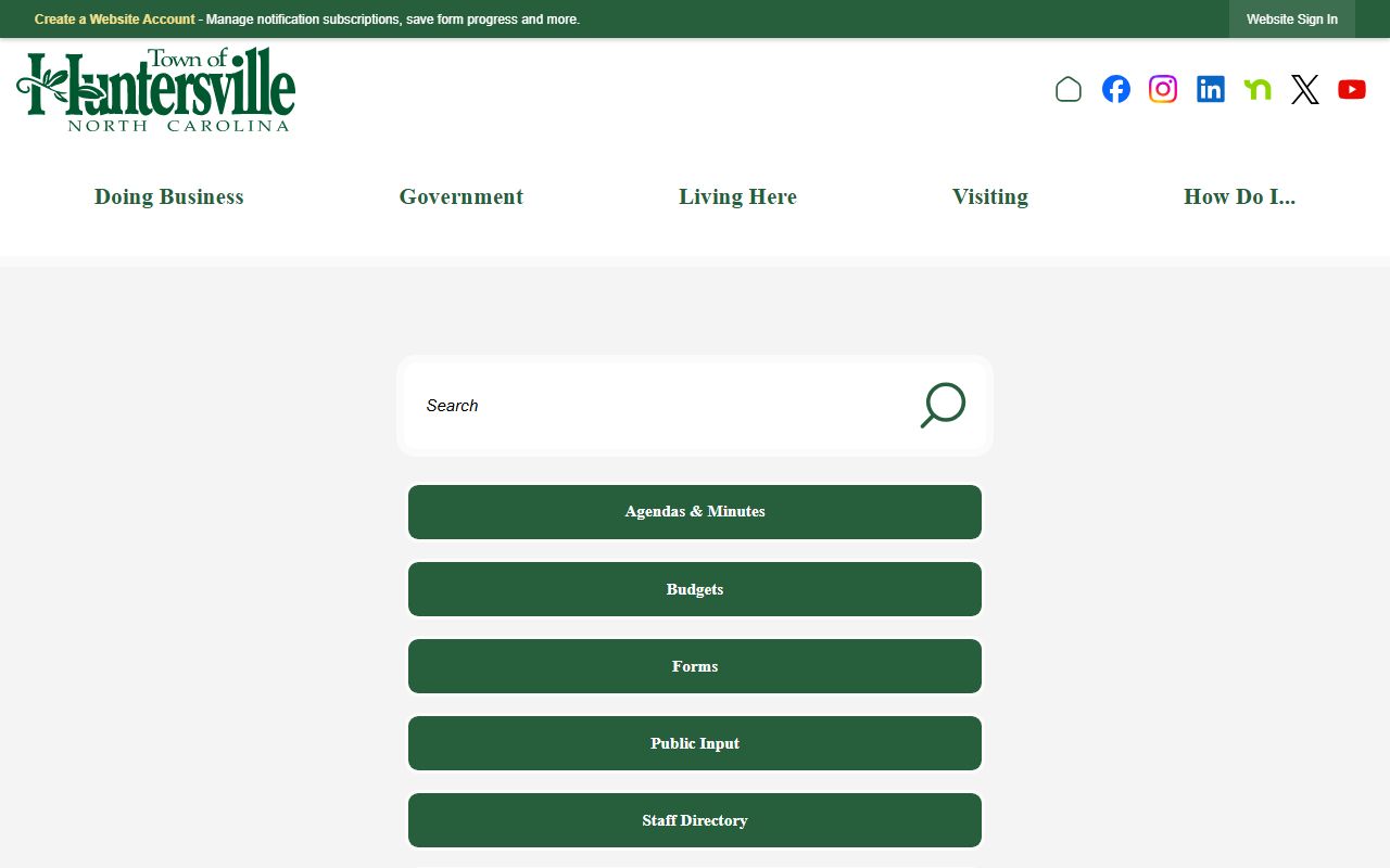 Town of Huntersville official website for municipal services