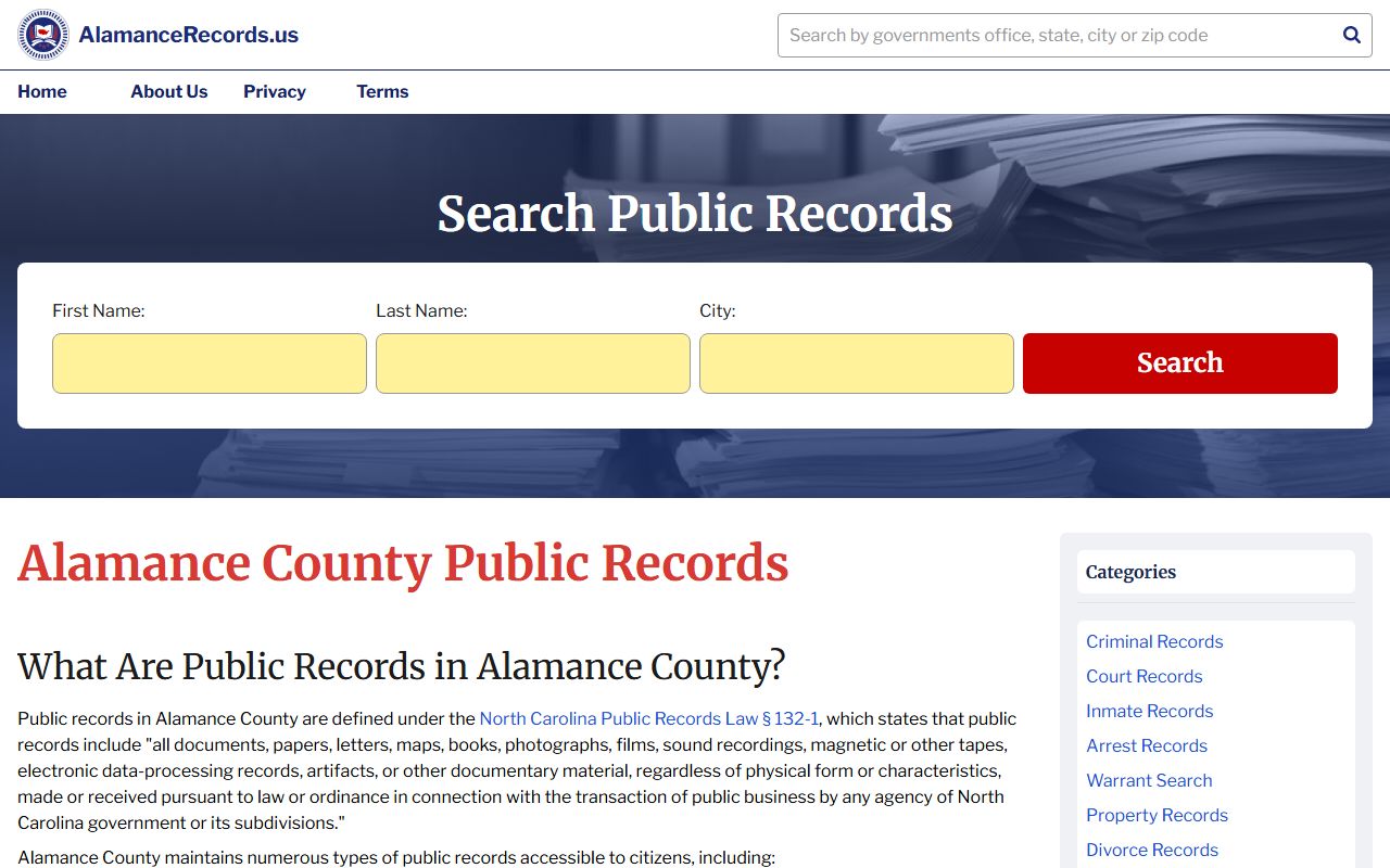 Alamance County Records Portal for accessing civil court records and public documents in Alamance County North Carolina