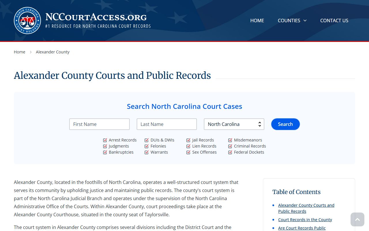 NC Judicial Branch guide for searching Alexander County civil court records online