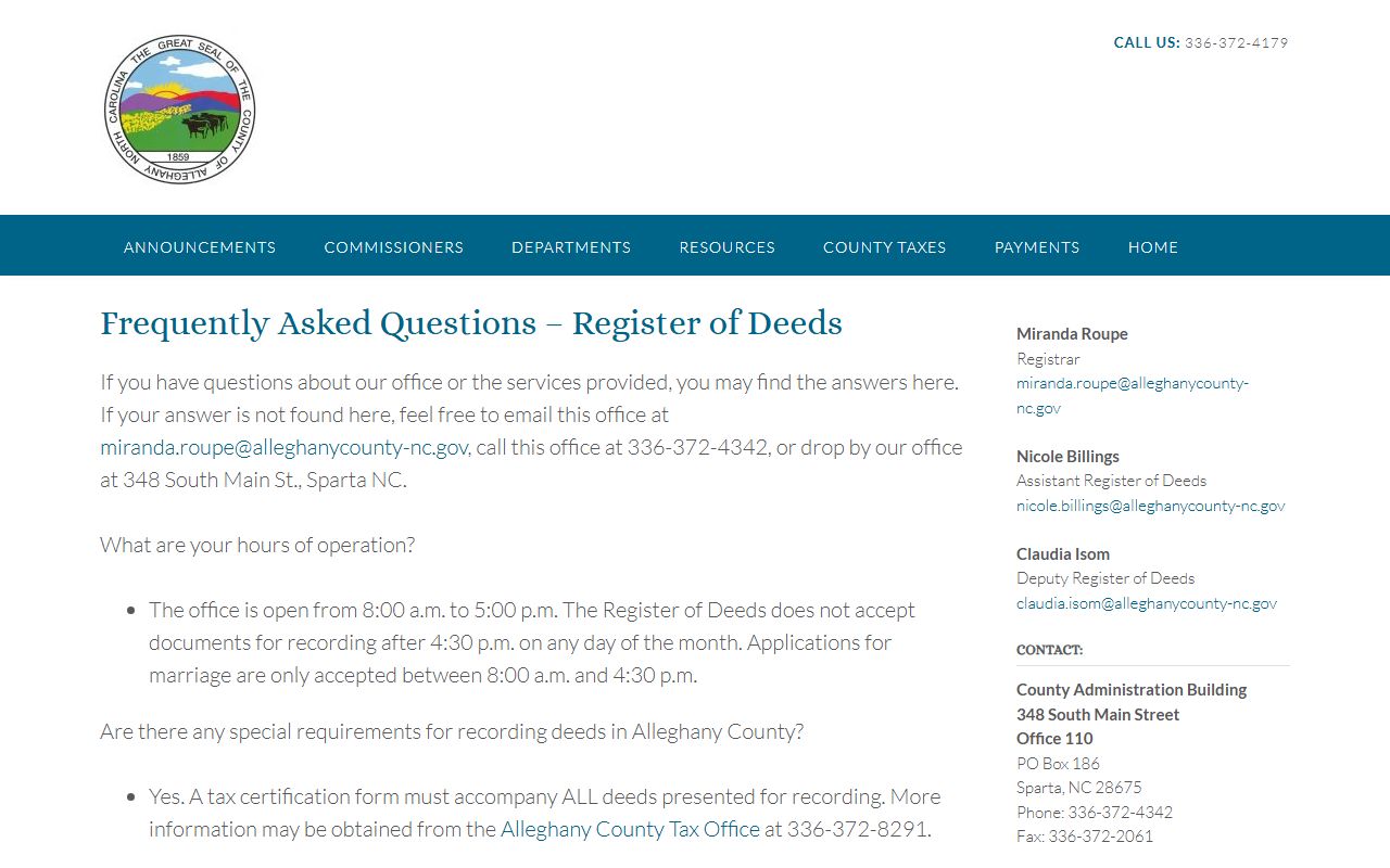 Alleghany County Register of Deeds FAQ page with information about records access in Alleghany County North Carolina