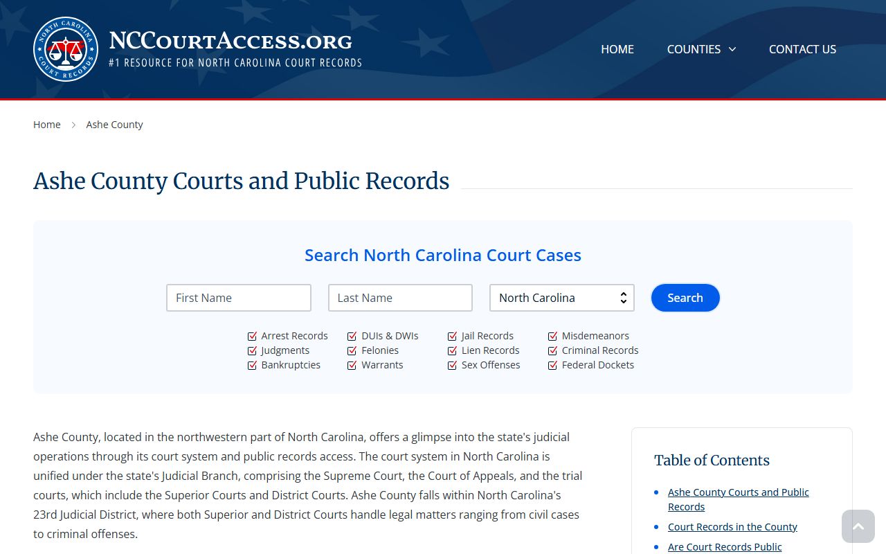 NC Judicial Branch guide for Ashe County civil court records search procedures