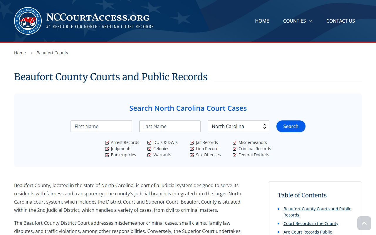 NC Judicial Branch guide for Beaufort County civil court records search and access procedures