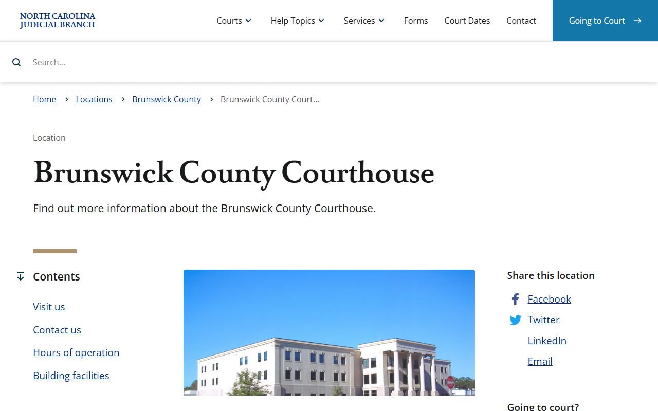 Brunswick County Courthouse in Bolivia North Carolina where civil court records are maintained by the Clerk of Superior Court