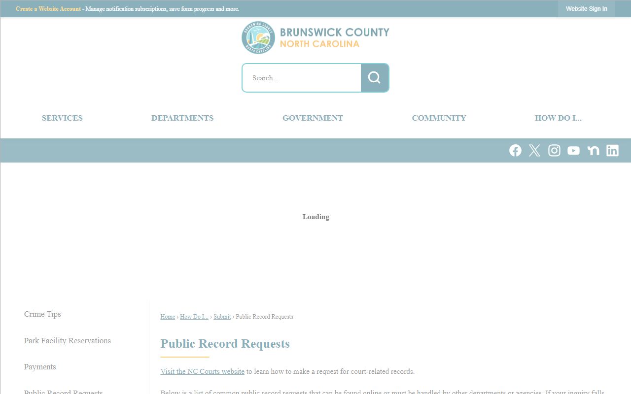 Brunswick County public records request page directing civil court records requests to the Clerk of Superior Court