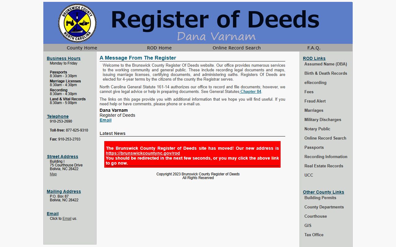 Brunswick County Register of Deeds website for property records and vital statistics in Bolivia North Carolina