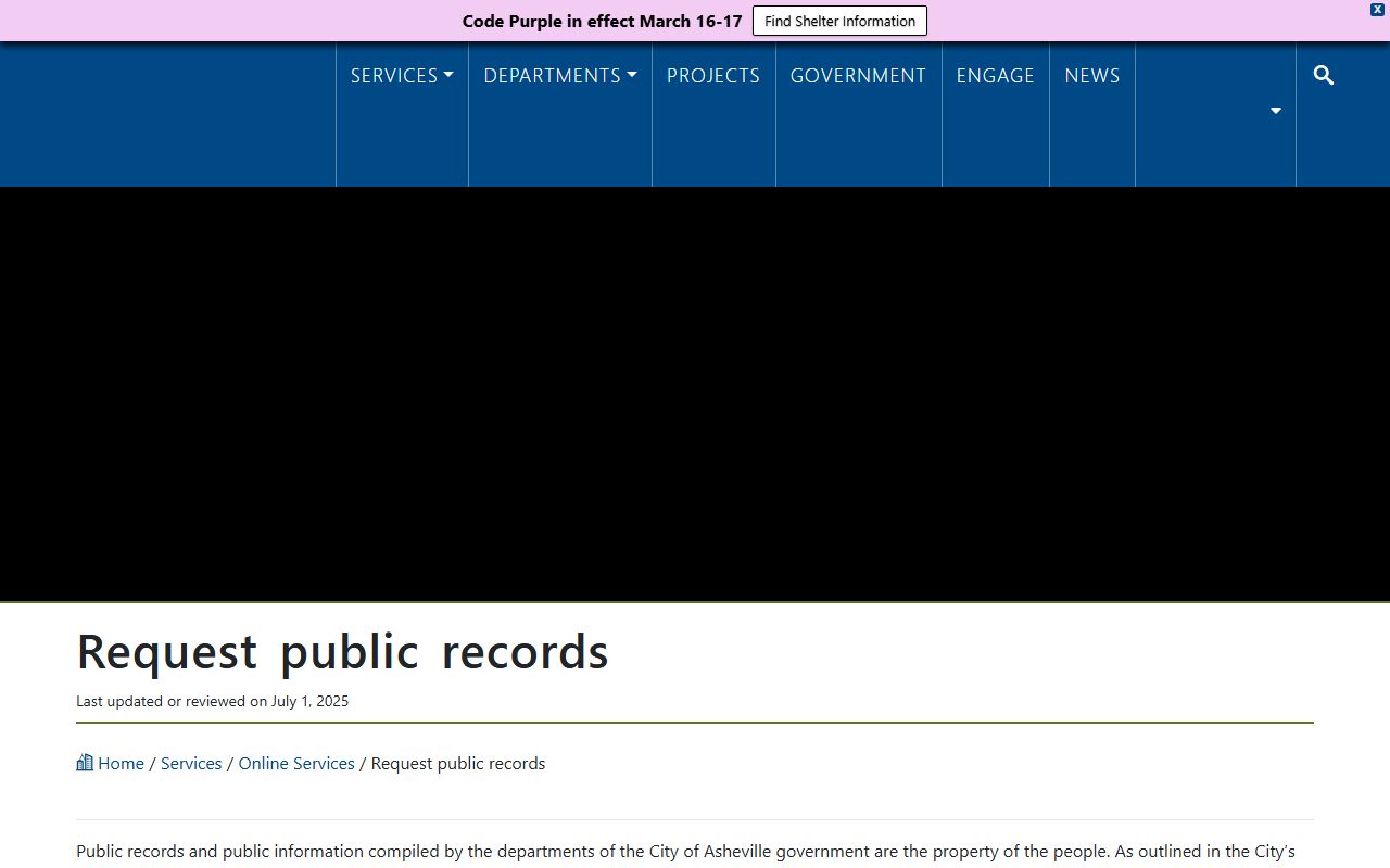 City of Asheville public records page directing civil court records requests to Buncombe County Clerk of Superior Court