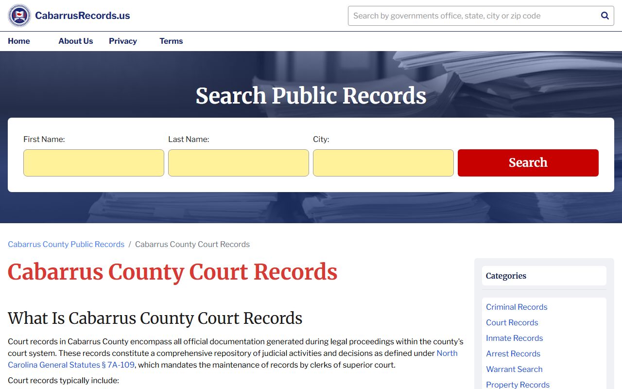 Cabarrus County Court Records Portal with information about accessing civil court records in Concord North Carolina