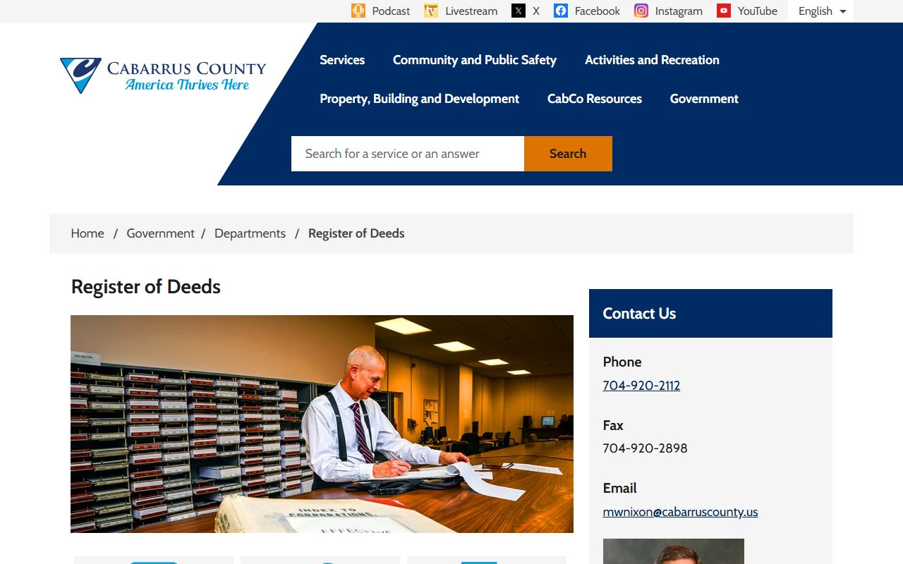 Cabarrus County Register of Deeds website for property records and vital statistics in Concord North Carolina