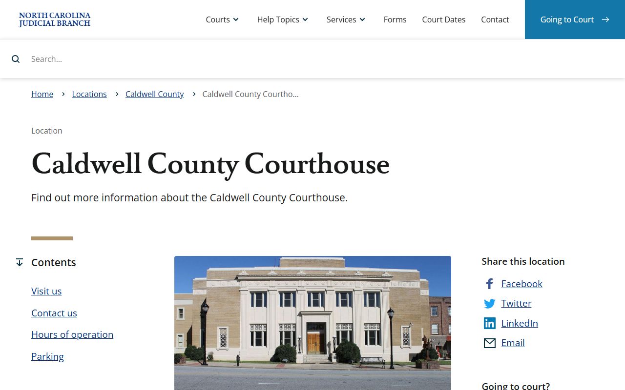 Caldwell County Courthouse information page showing civil court records contact details in Lenoir North Carolina