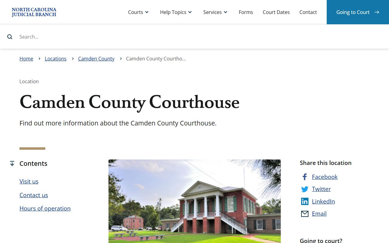Camden County Courthouse page showing civil court records contact information in Camden North Carolina