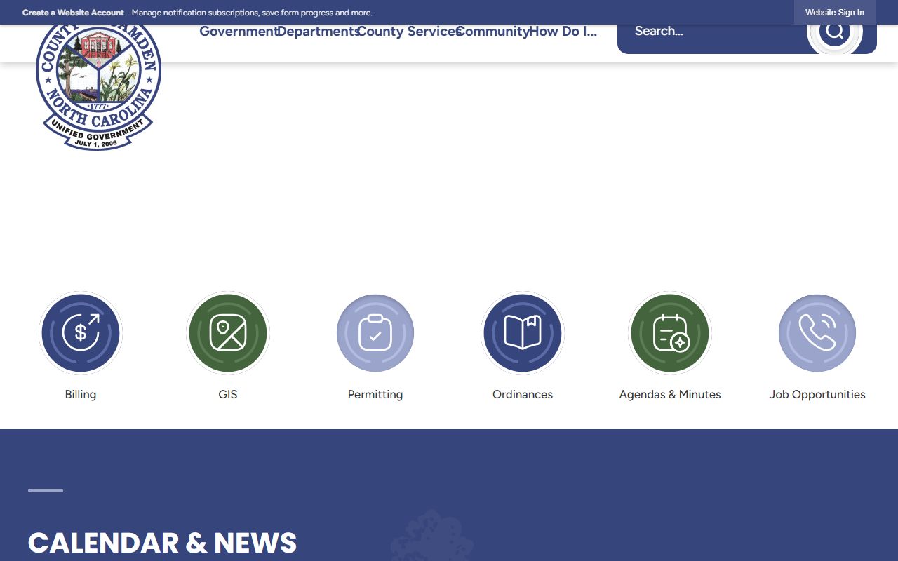 Camden County government website with information about civil court records and public services in North Carolina