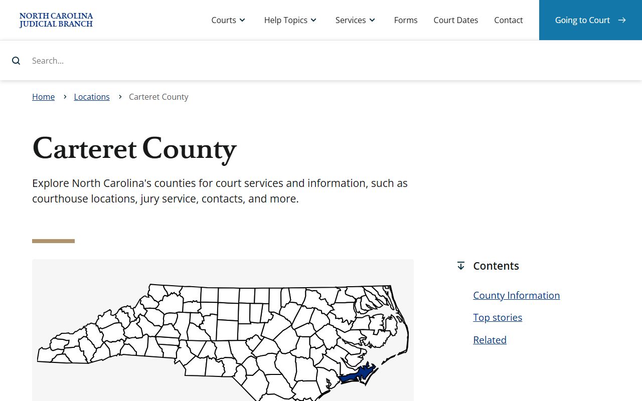 Carteret County NC Judicial Branch page showing civil court records information in Beaufort North Carolina