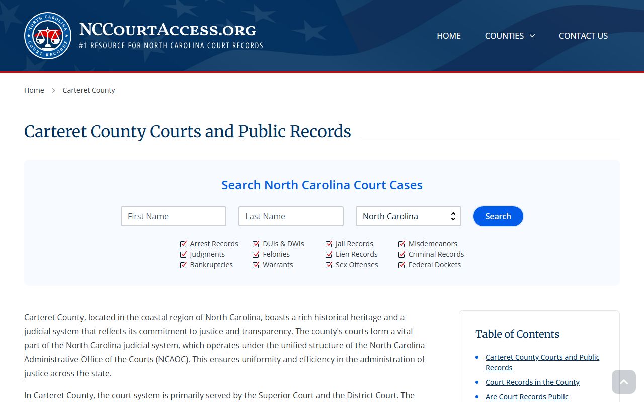 NC Judicial Branch guide for Carteret County civil court records in North Carolina
