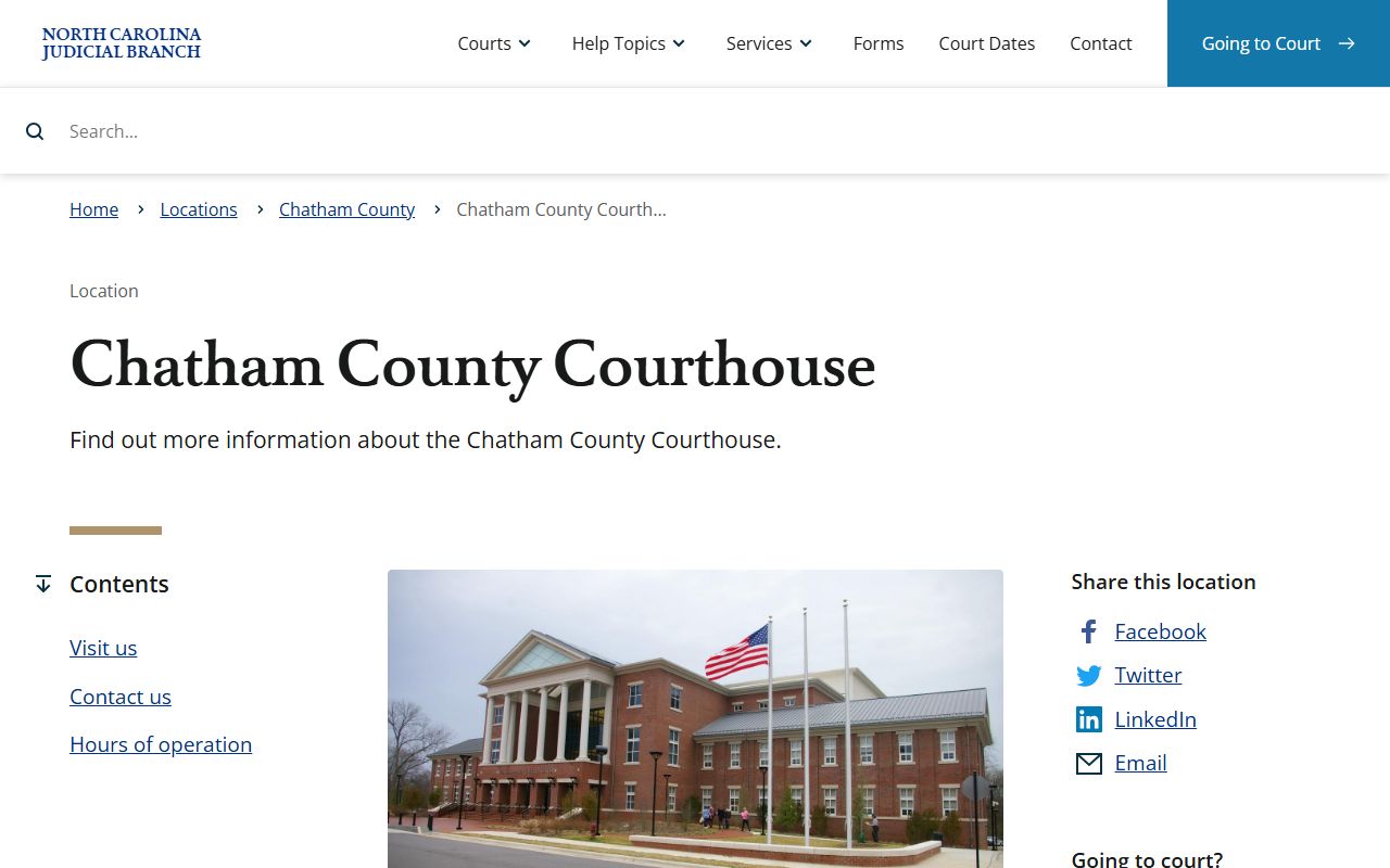 Chatham County Courthouse information page showing civil court records contact details in Pittsboro North Carolina