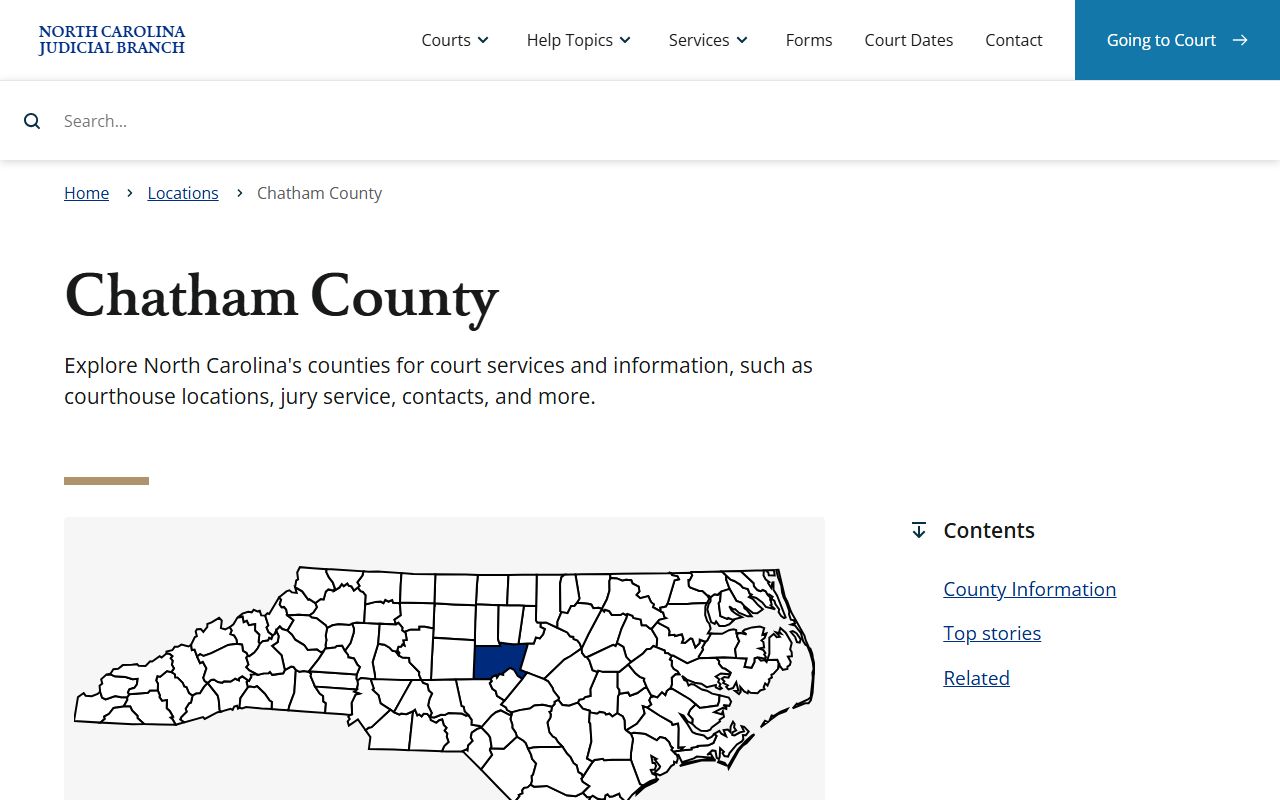 Chatham County NC Judicial Branch page with civil court records information in Pittsboro North Carolina