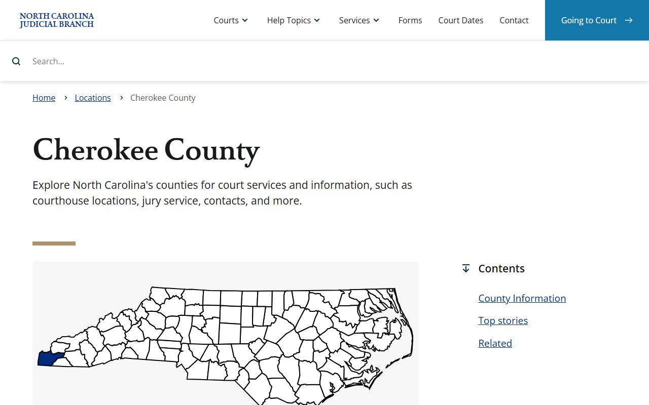 Cherokee County NC Judicial Branch page showing civil court records information in Murphy North Carolina