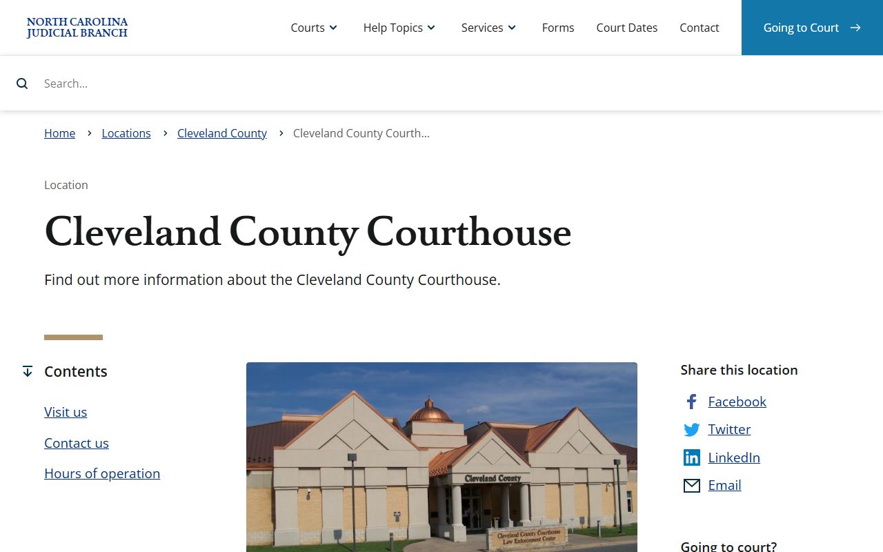 Cleveland County Courthouse page showing address and contact information for civil court records in Shelby North Carolina