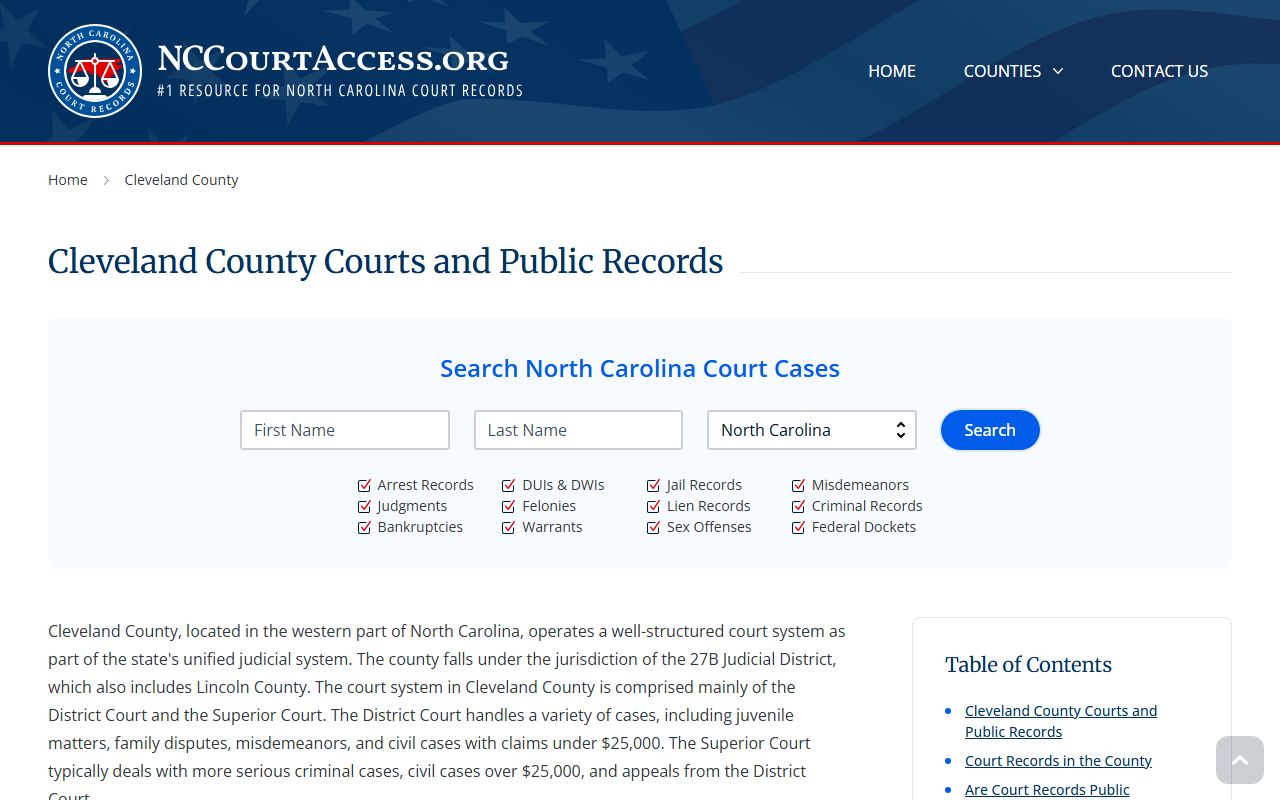 NC Judicial Branch guide for Cleveland County civil court records in North Carolina