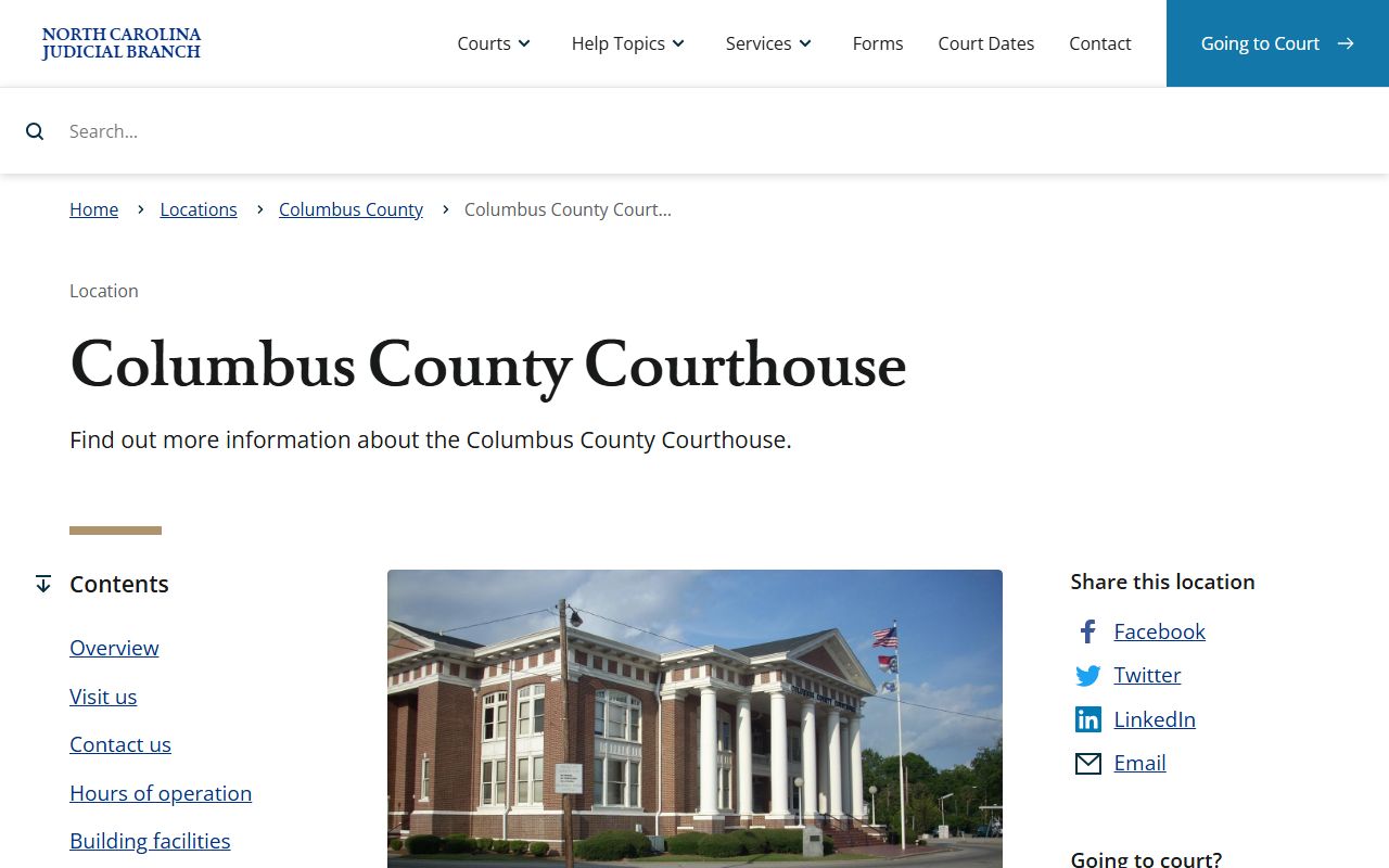 Columbus County Courthouse page showing civil court records contact details in Whiteville North Carolina