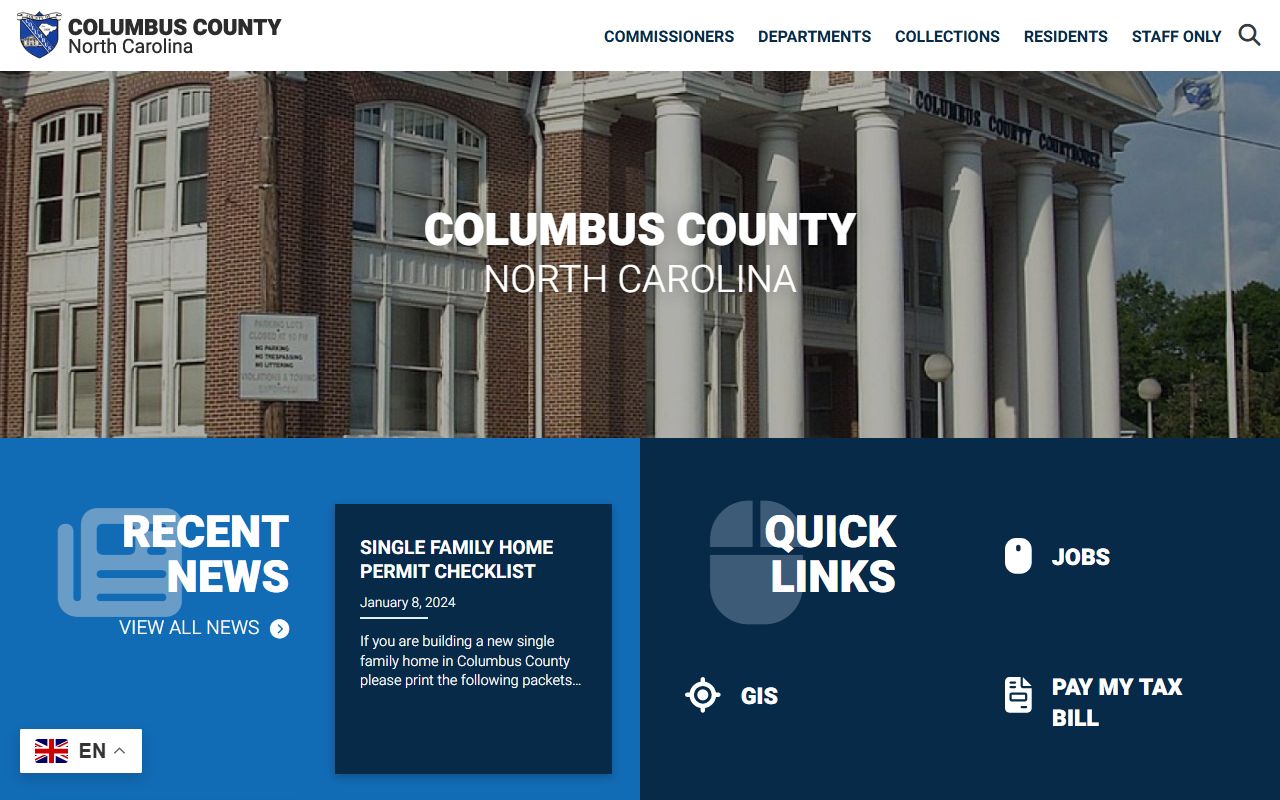 Columbus County government website showing county services and civil court records access in North Carolina