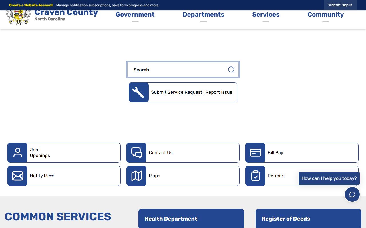 Craven County government website with county services and civil court records information in New Bern North Carolina
