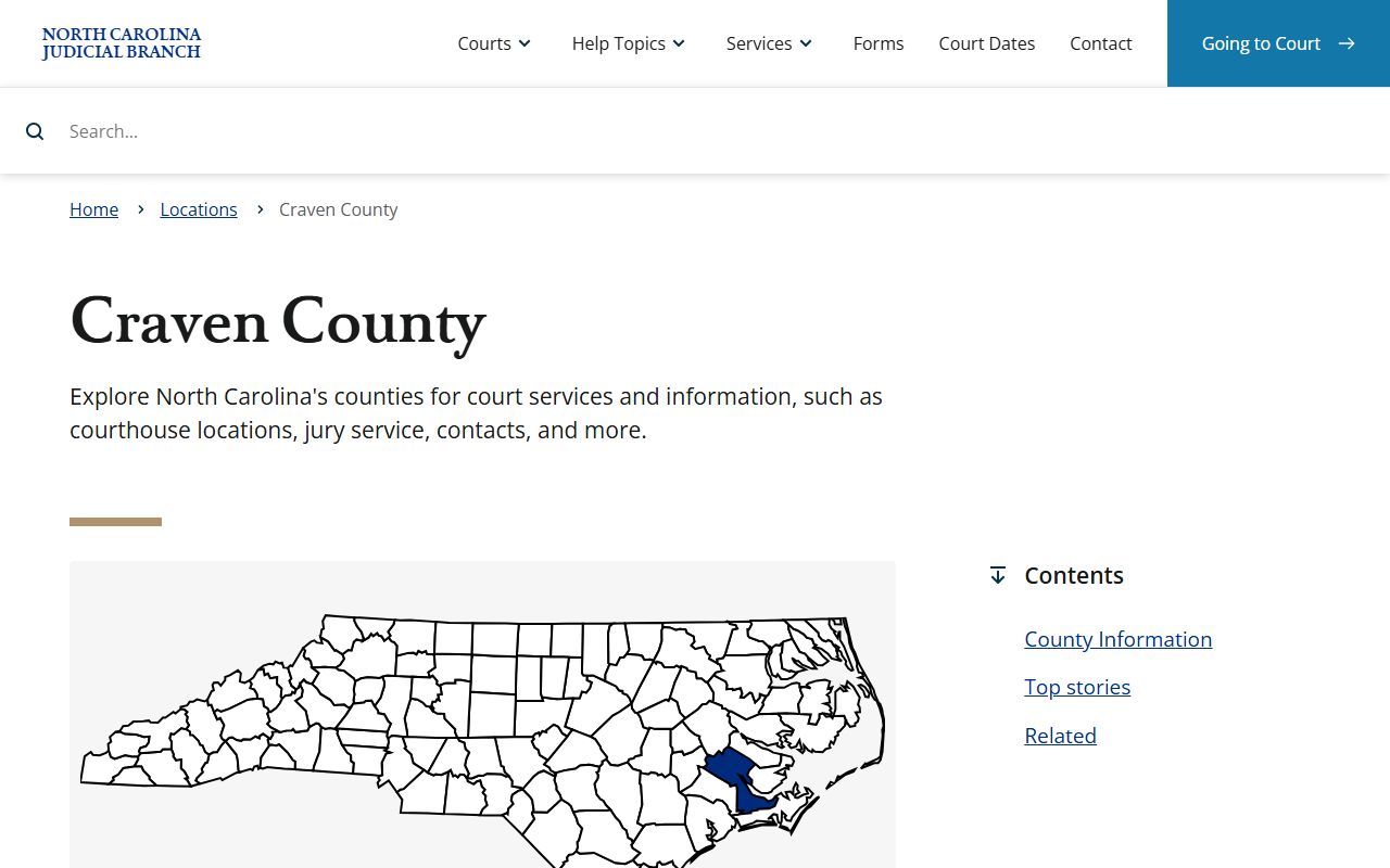 Craven County NC Judicial Branch page showing civil court records information in New Bern North Carolina