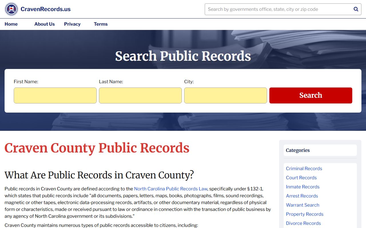 Craven County Public Records portal showing civil court records access information in New Bern North Carolina