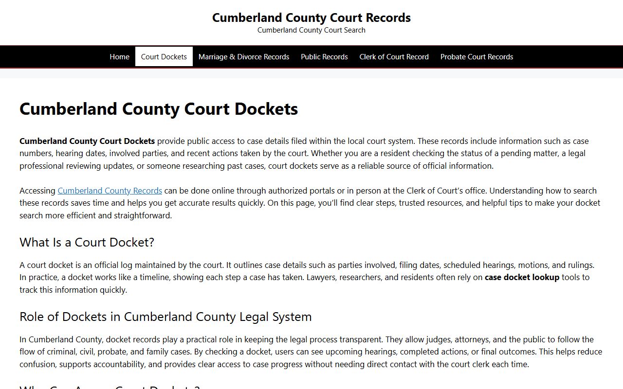 Cumberland County Court Dockets search page for civil court records in Fayetteville North Carolina