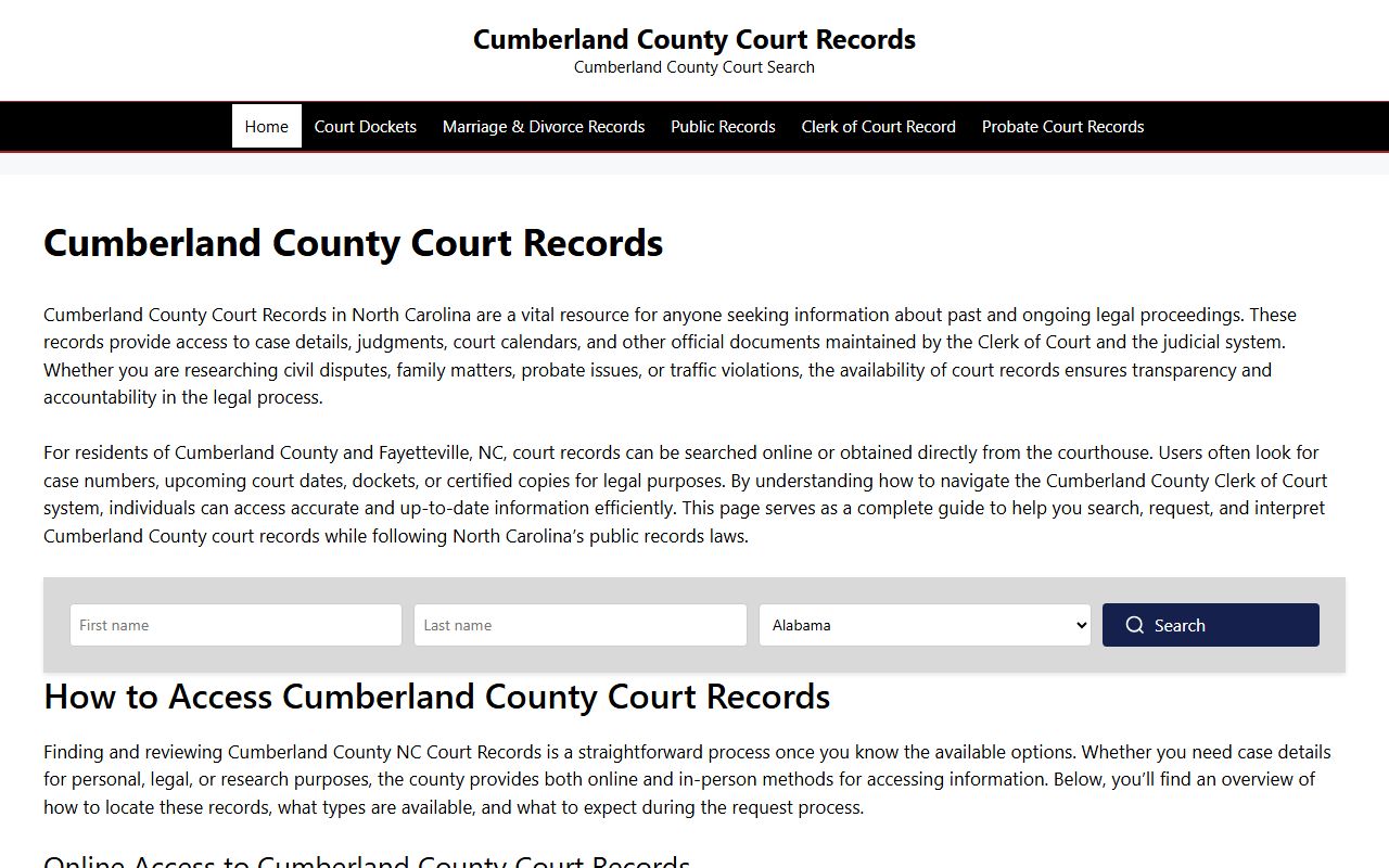 Cumberland County Courts information website with civil court records access in Fayetteville North Carolina