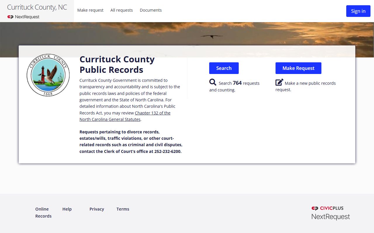 Currituck County Public Records request portal for civil court records in North Carolina