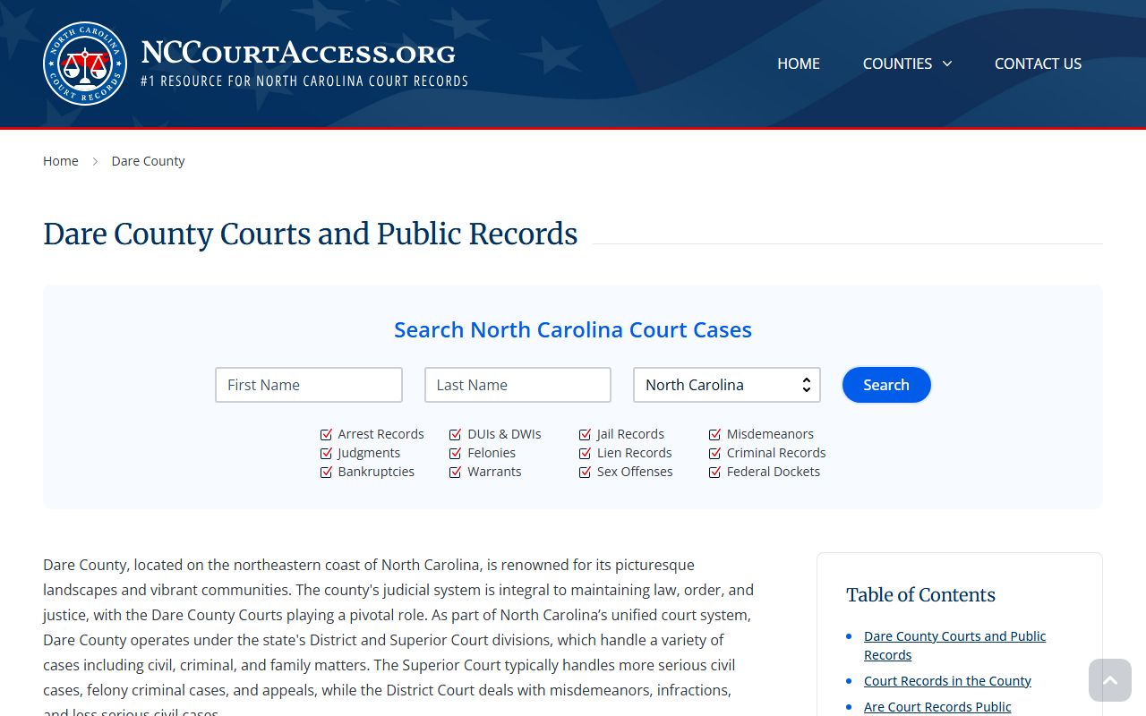 NC Judicial Branch guide for Dare County civil court records