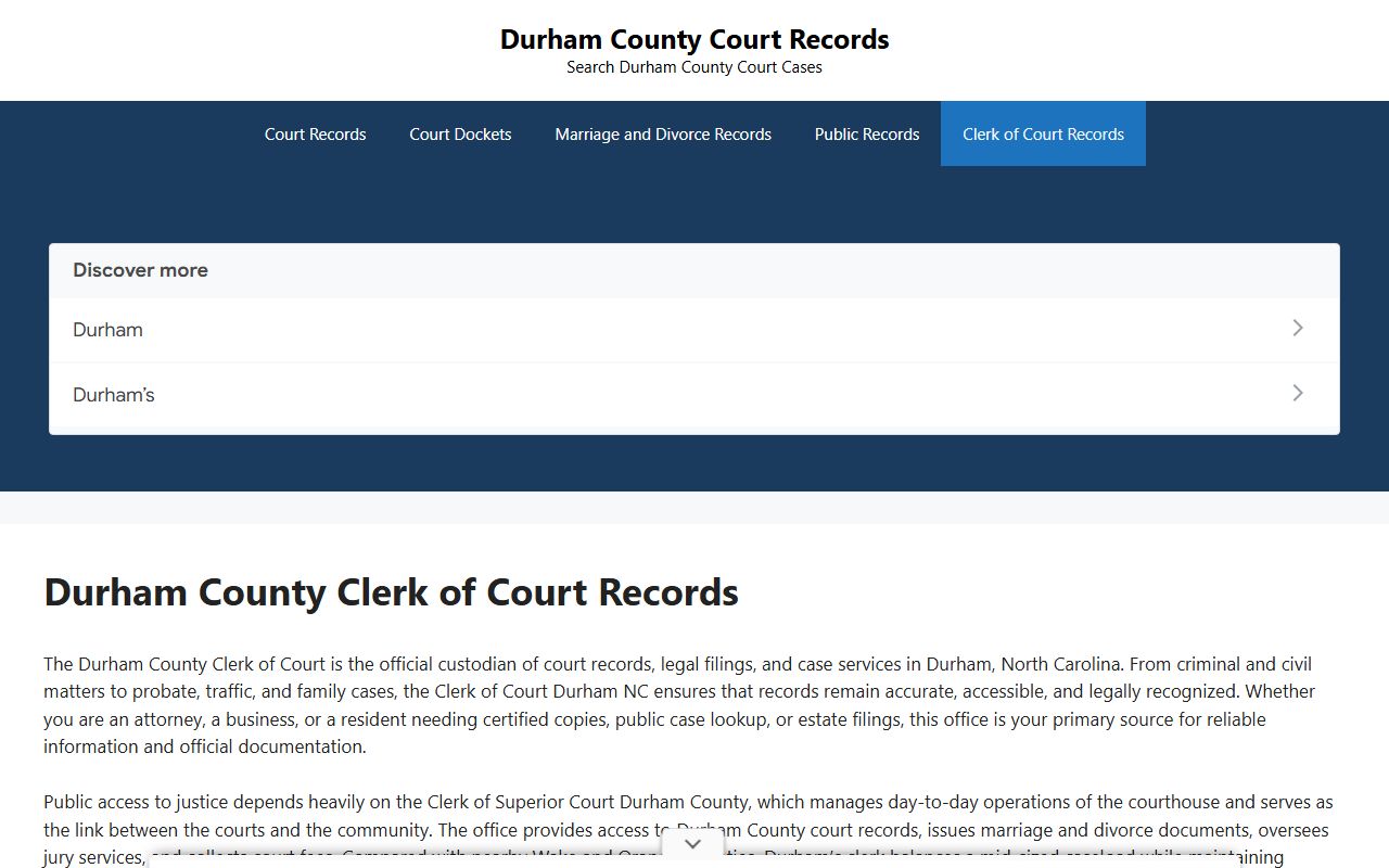 Durham civil court records at the Durham County Clerk of Court