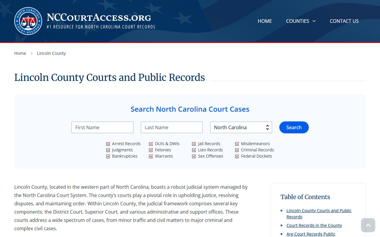 NC Judicial Branch guide for Lincoln County civil court records in Lincolnton North Carolina