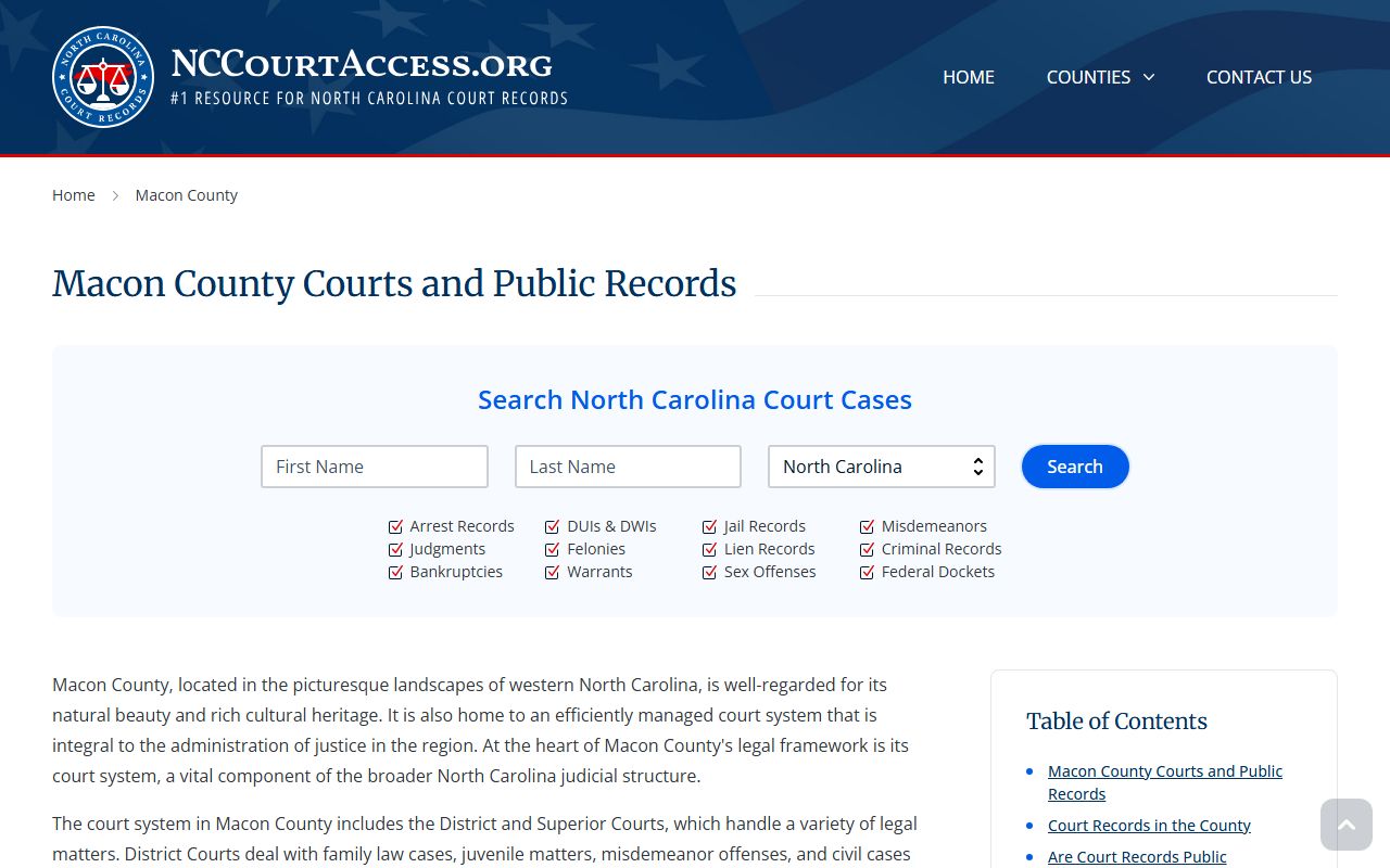 NC Judicial Branch guide for Macon County civil court records in Franklin North Carolina