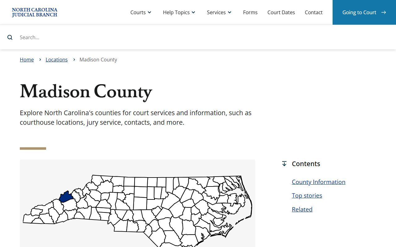Madison County NC Judicial Branch page showing civil court records access in Marshall North Carolina