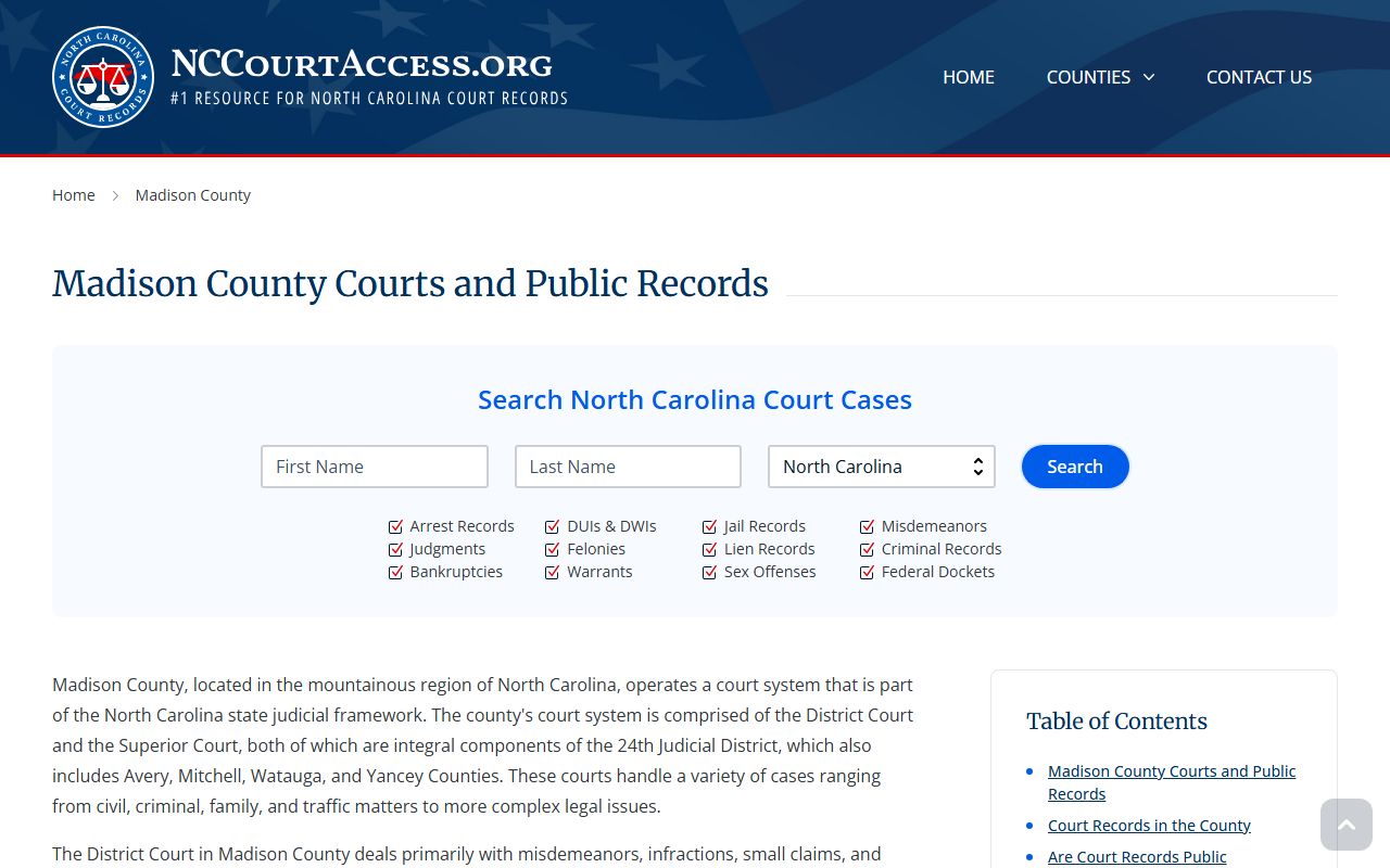 NC Judicial Branch guide for Madison County civil court records in Marshall North Carolina