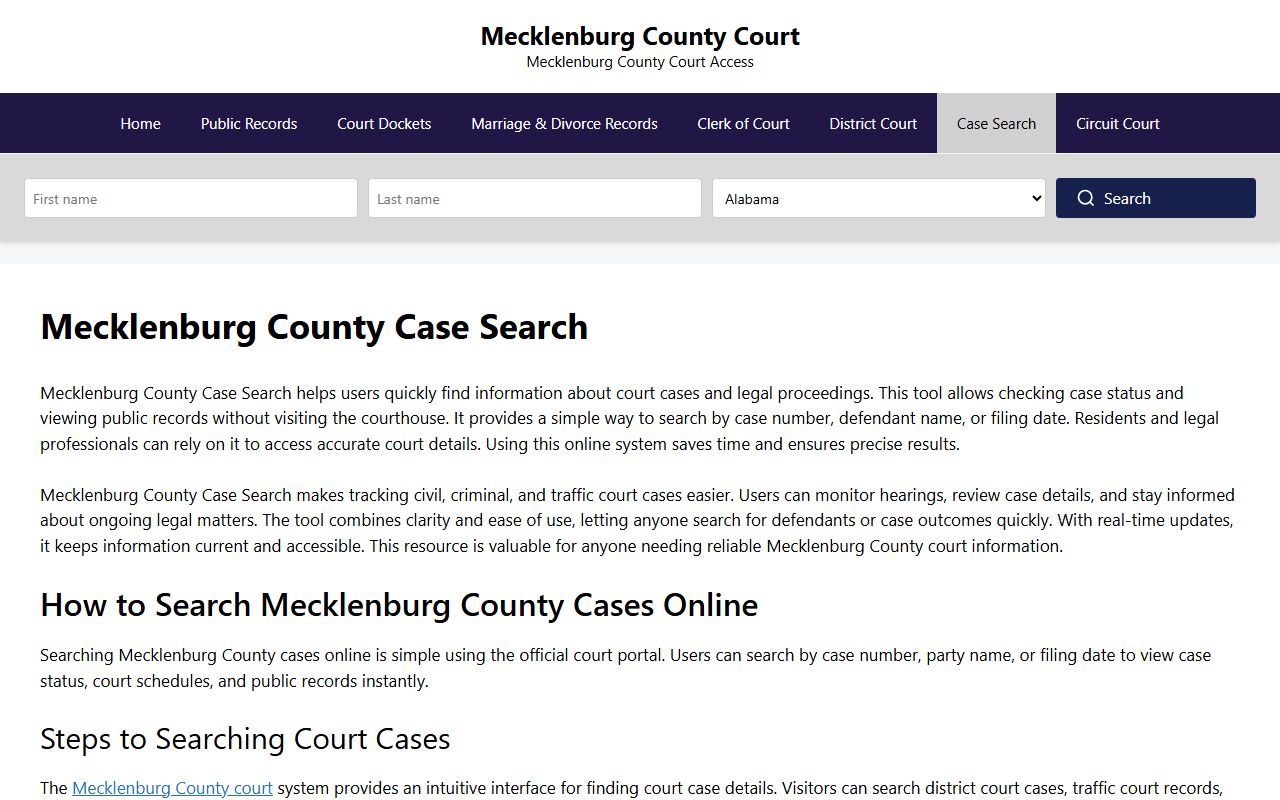 Mecklenburg County case search portal for civil court records in Charlotte North Carolina