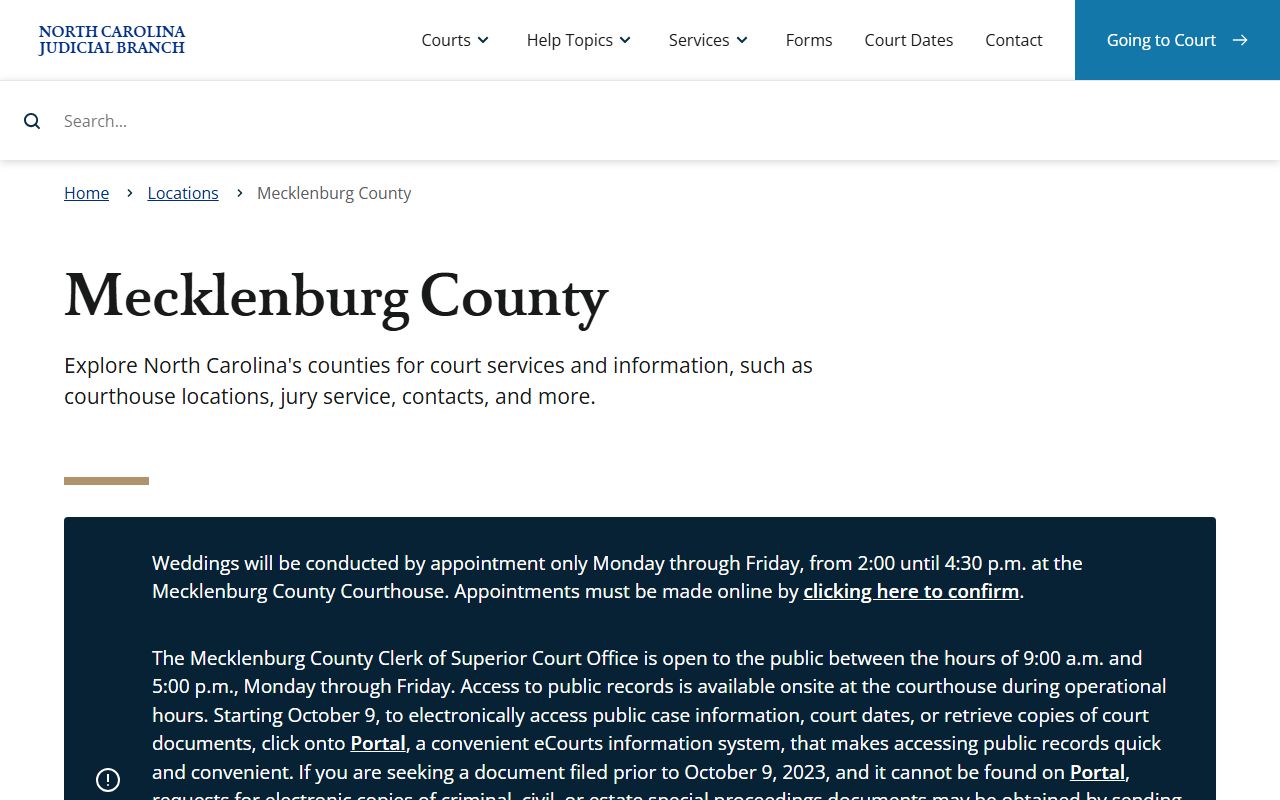 Mecklenburg County NC Judicial Branch page with civil court records information for Charlotte North Carolina