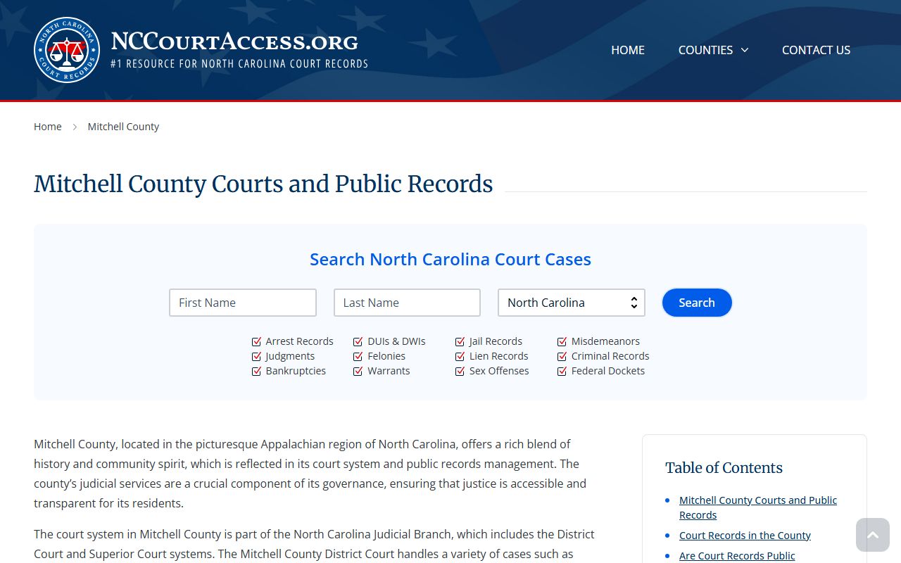 NC Judicial Branch guide for Mitchell County civil court records in Bakersville North Carolina