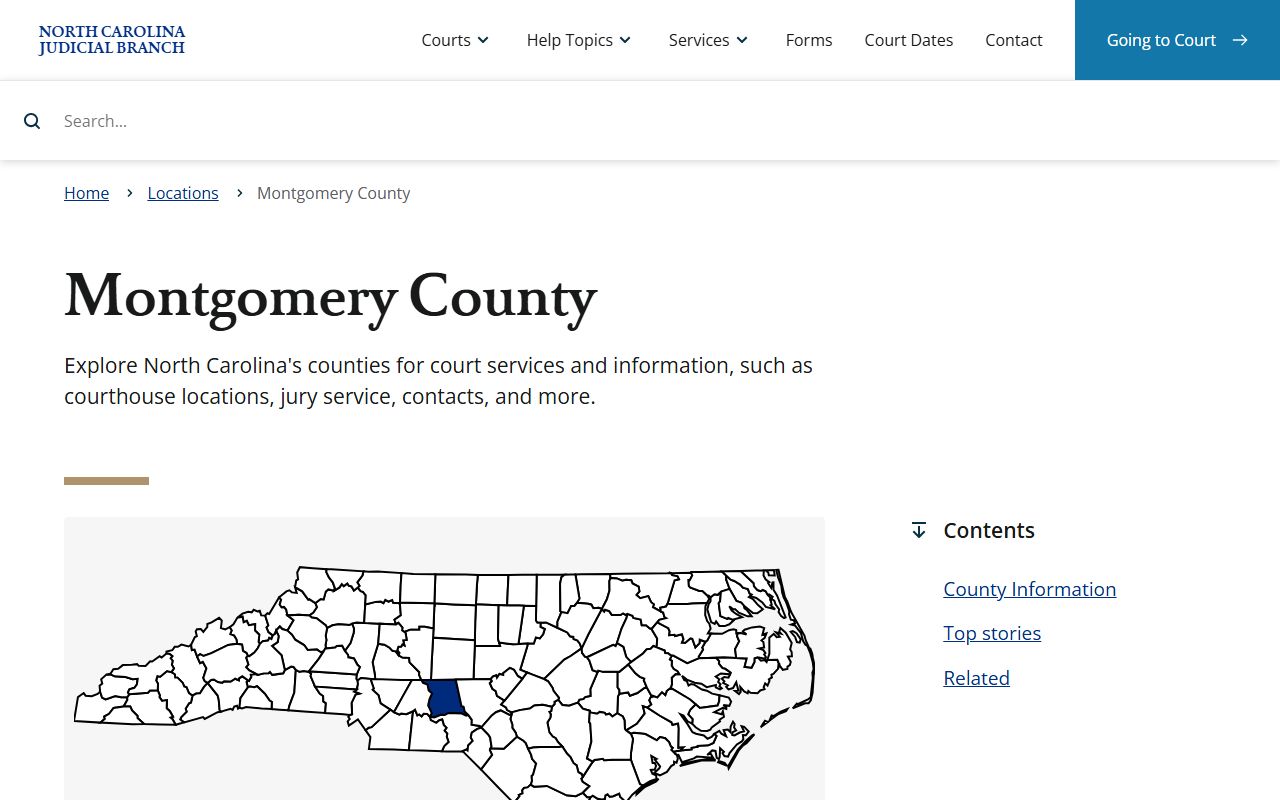 Montgomery County NC Judicial Branch page showing civil court records access in Troy North Carolina