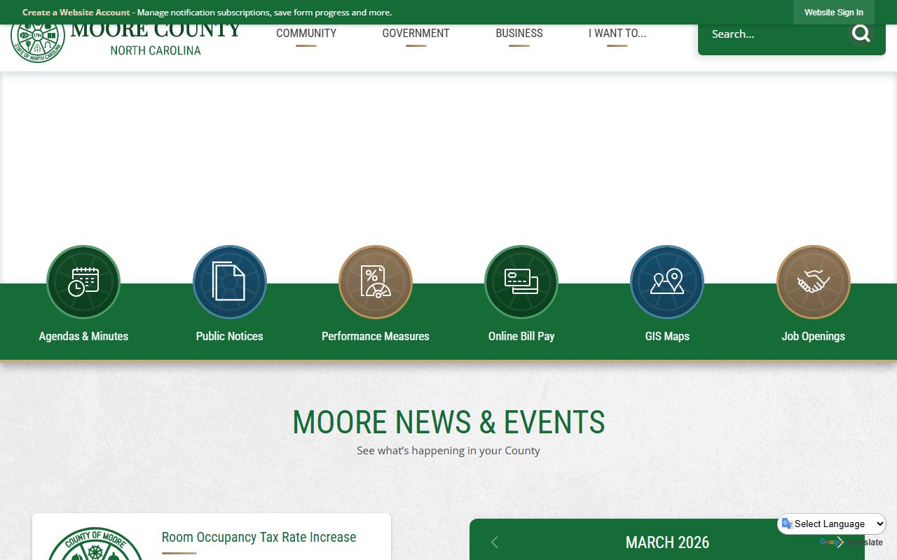 Moore County government website with links to civil court records and county services in Carthage North Carolina