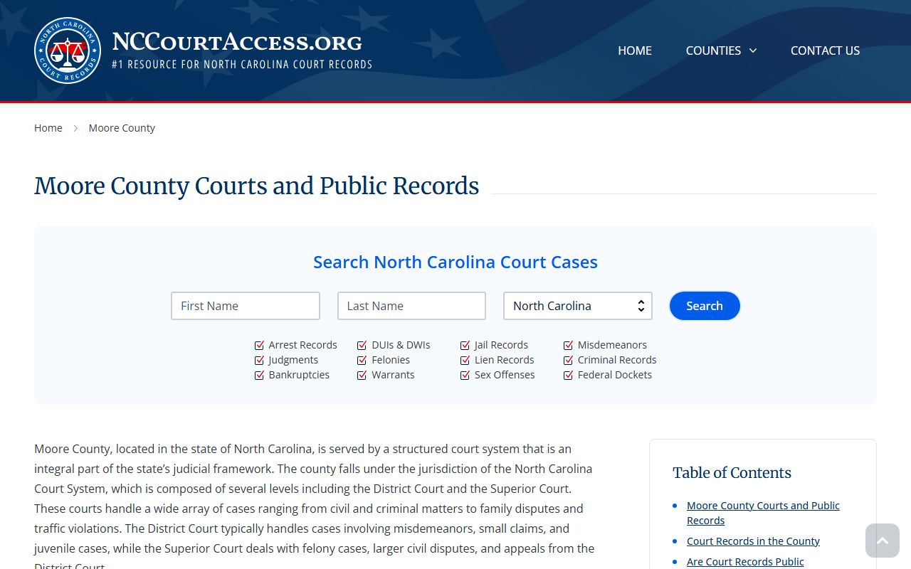 NC Judicial Branch guide for Moore County civil court records in Carthage North Carolina