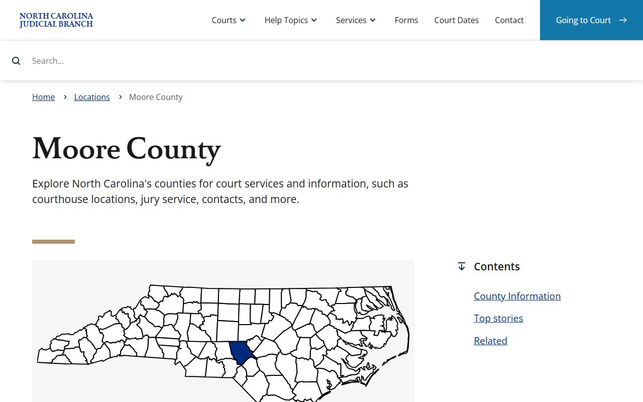 Moore County NC Judicial Branch page showing civil court records access in Carthage North Carolina