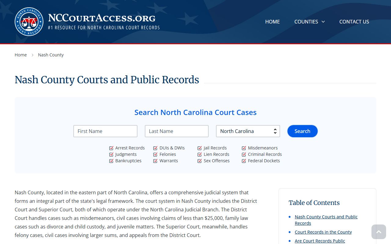 NC Judicial Branch guide for Nash County civil court records in Nashville North Carolina