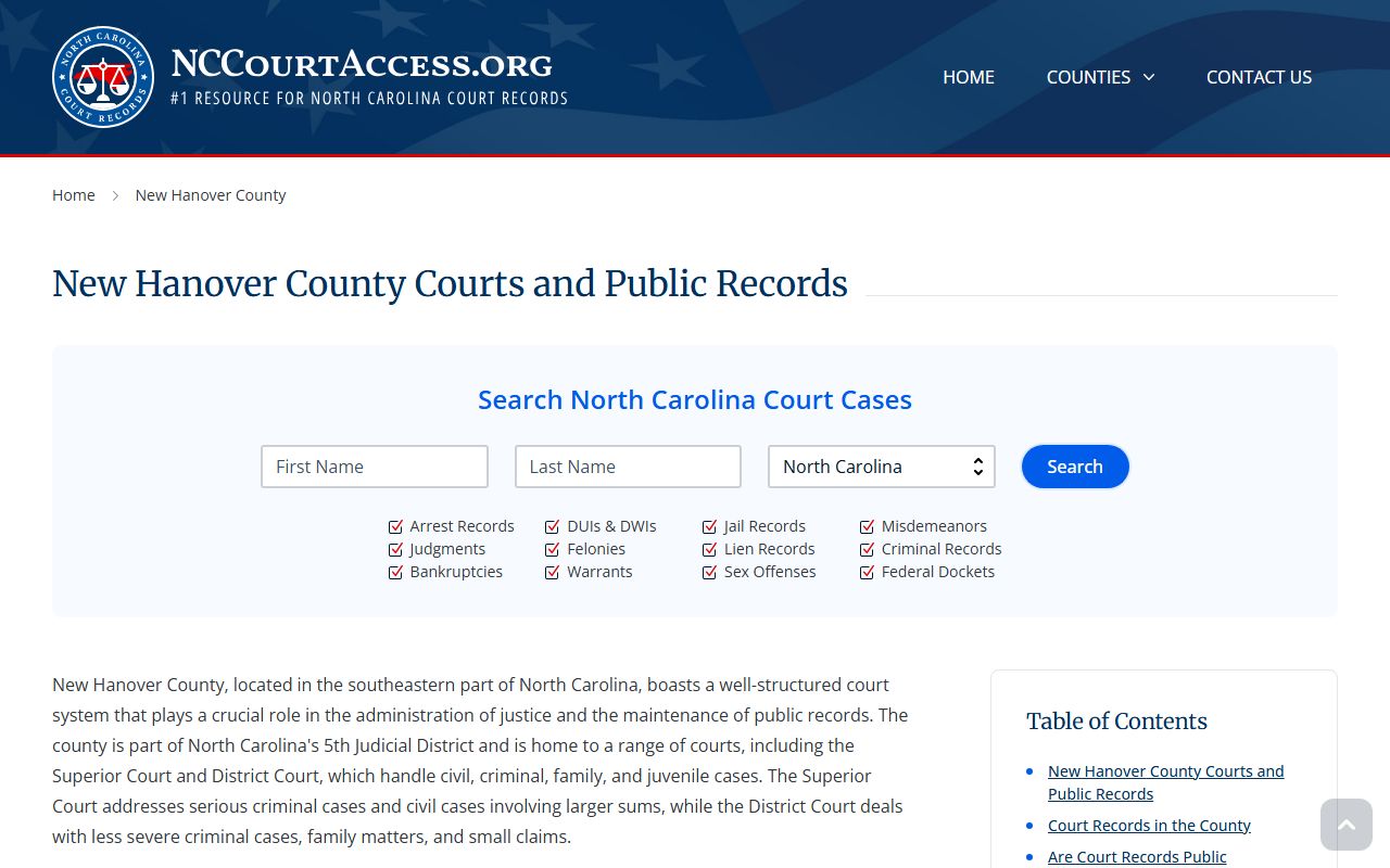 NC Judicial Branch guide for New Hanover County civil court records in Wilmington North Carolina