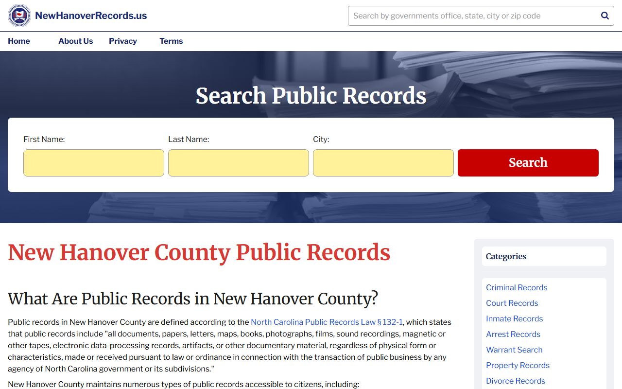 NewHanoverRecords.us website for searching New Hanover County civil court records in Wilmington North Carolina