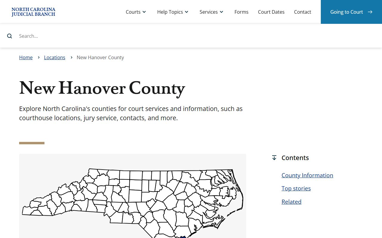 New Hanover County NC Judicial Branch page showing civil court records access in Wilmington North Carolina