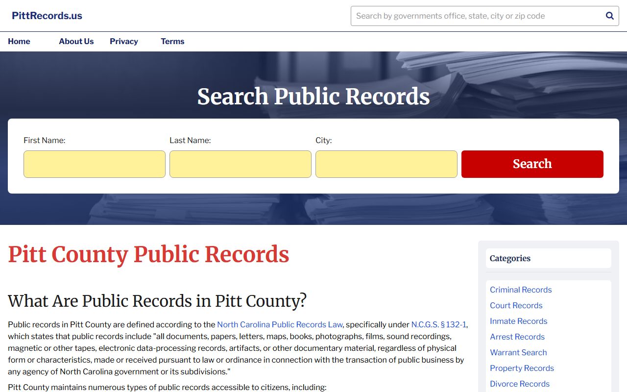 PittRecords search tool for Pitt County civil court records