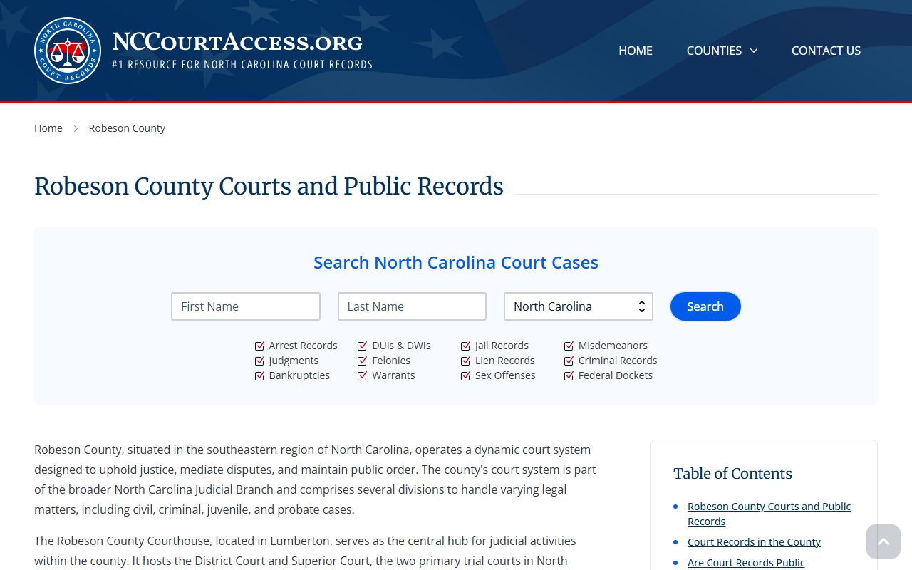NC Judicial Branch guide for searching Robeson County civil court records